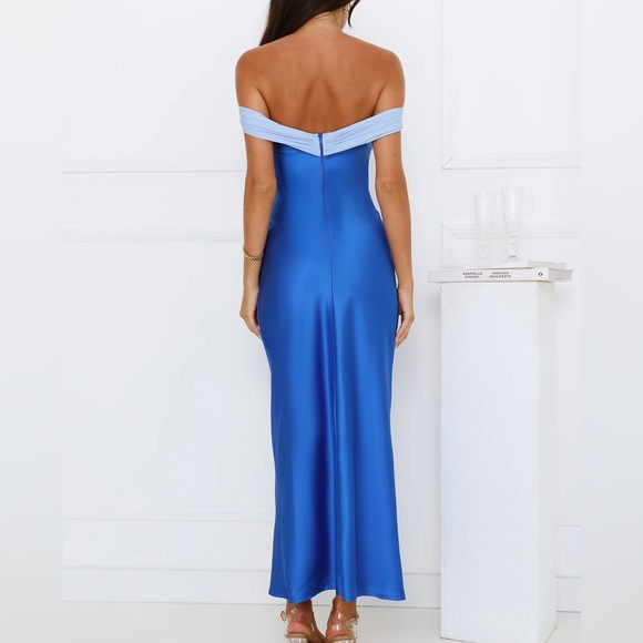 LUXE AND LIKES OFF SHOULDER SATIN MAXI DRESS BLUE - Picture 4 of 7